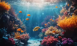 a underwater scene with several fishes swimming in the water