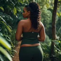 woman wearing green clothing walking through tropical jungle