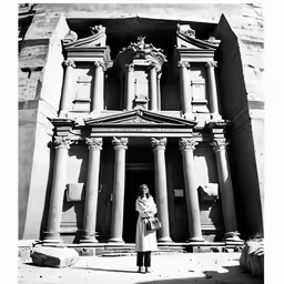 a woman in a long coat stands by pillars and windows