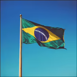 a brazilian flag flying on a pole in the sky
