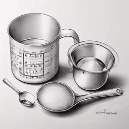 a pencil drawing of measuring spoons and bowl