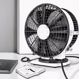 a table top with a fan and mouse on it