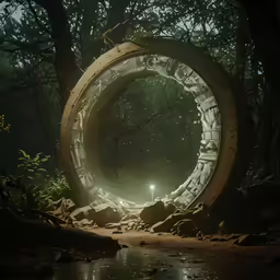 a person stands inside a large round object that is surrounded by trees