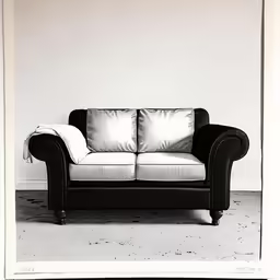a sofa that is in front of a white wall