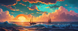 there are two ships at sea in front of the clouds,a painting of two ships sailing in the ocean