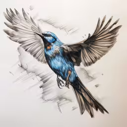 a blue bird is soaring above its wings,a drawing of a blue and black bird flying