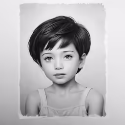 a young girl is in black and white and has a hair cut up to the side
