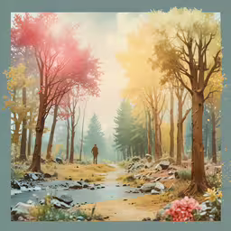 a digital painting of a person standing near a river,there is a painting of a man and dog walking through the woods