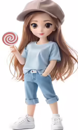 a doll with long hair and glasses holding a lollipop