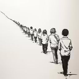 people on a long line of walking down the slope