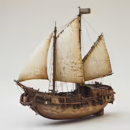 an old model ship is set on a white surface