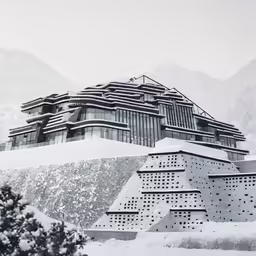 an image of a building on top of a hill in the snow