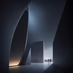 three people are standing inside of a large room