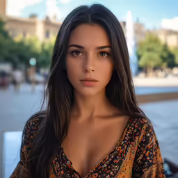 a woman wearing an orange and black top looking at the camera