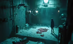 the dimly lit room contains broken objects