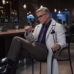 a man sitting on top of a chair in front of a wine glass