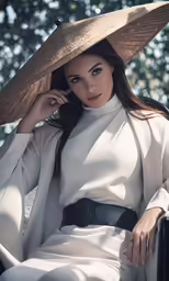 a lady wearing a large hat with large sleeves