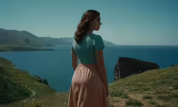 a woman is standing at the edge of a cliff looking over the water