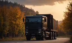 a large truck is driving down the road,a truck with a large trailer drives down the road in front of trees