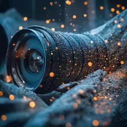 an up - close view of a camera lens sitting on top of a rock