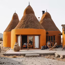 an orange structure with three straw - roofed roofs in the desert