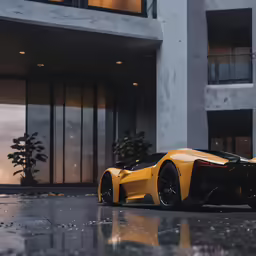 a yellow and black car on a street near a building