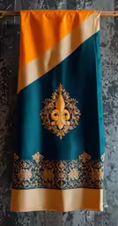 an orange and green scarf with gold designs
