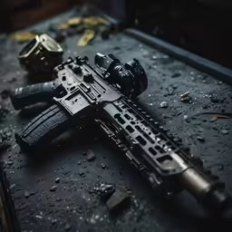 a rifle laying on the ground next to other weapons