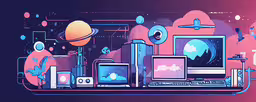 several different computers and some big planets,computer icons sit on a shelf with planet background