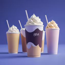 three cups of ice cream on a blue surface