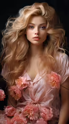 a girl with long blonde hair holding flowers,a model with large blonde hair with flowers