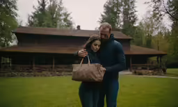 a man and a woman walking through the grass