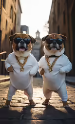 two dogs dressed in white and gold outfits are standing next to each other on brick street