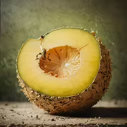 a cut in half fruit sits on the floor