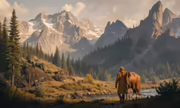 a person in front of mountains and a mountain river