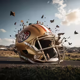 a football helmet that is laying down on the ground