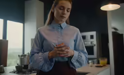 a girl standing in the kitchen holding a drink looking down at her hands