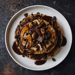 a white plate topped with waffles covered in chocolate and topping