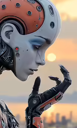 a robot with multiple parts on its face looking to the side
