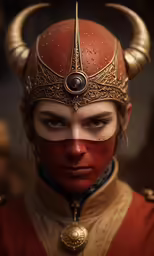 a woman in red and gold painted costume