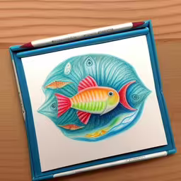 an image of a drawing on a wooden table,the colored image shows three fish on a table