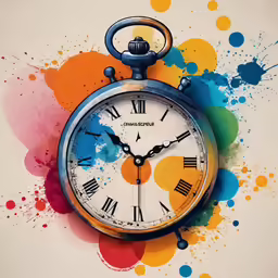 an alarm clock that is on top of watercolor paint stains