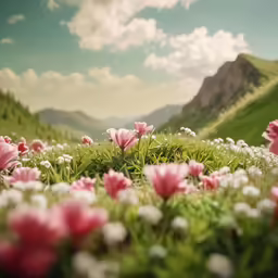 a field full of flowers with a mountain in the background
