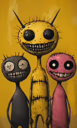 the three little monsters are on yellow background