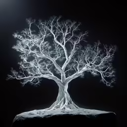 a white tree on a rock at night