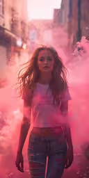 a woman with pink smoke coming from her body,the woman is standing in front of smoke and buildings