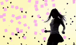 a silhouetted woman in front of colorful wallpaper with black dots