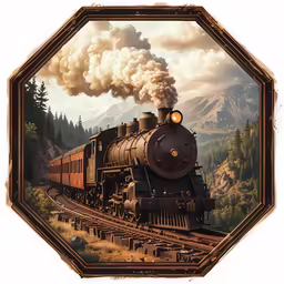 an old fashioned steam train on the tracks with trees and mountains behind it