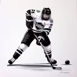 a painting of a man in action during a game,a drawing of a hockey player trying to shoot the puck