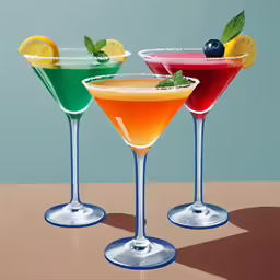 three cocktail glasses with different colored drinks in them